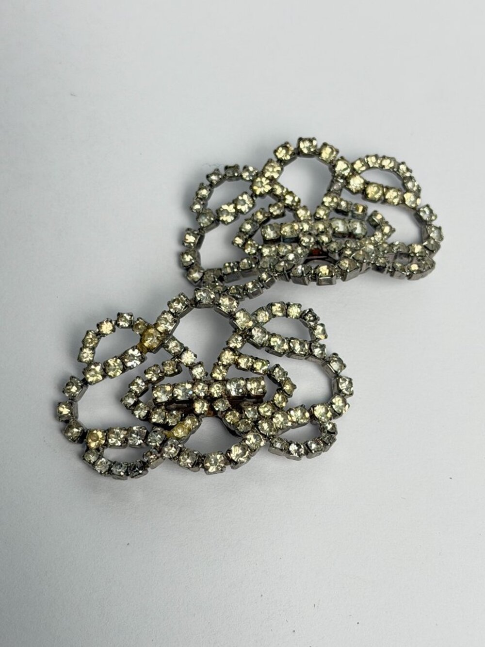 Vintage MUSI Rhinestone Shoe Clips Pair Silver Tone Large Bow Scroll 1950s